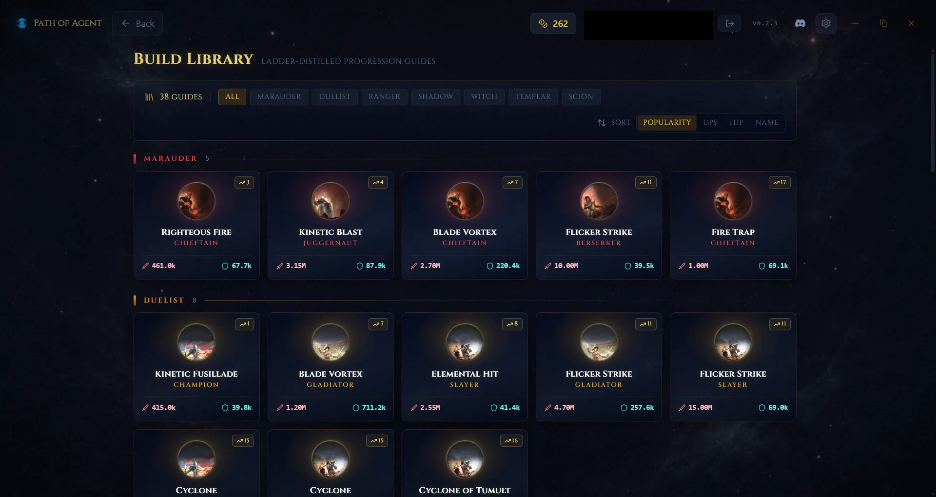 Build Library showing 38 skill and ascendancy progression guides